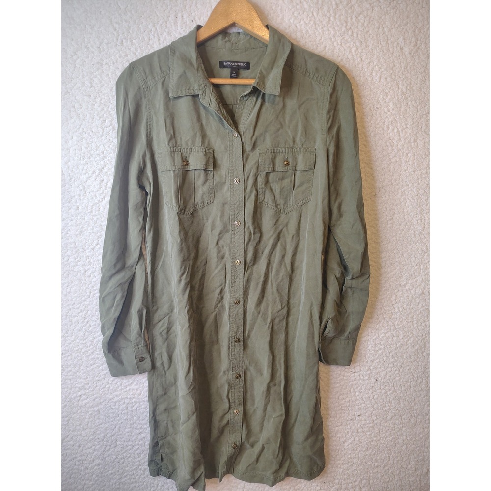 Banana Republic Olive Green Button Front Utility Shirt Dress Long Sleeve Size 6